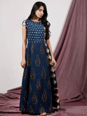 Indigo Rust Ivory Maroon Hand Block Printed Long Cotton Panel Dress With Petal Sleeves  - D224F1321