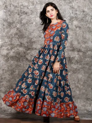 Indigo Rust Ivory Red Long Hand Block Printed Cotton Tier Dress - D139F1312