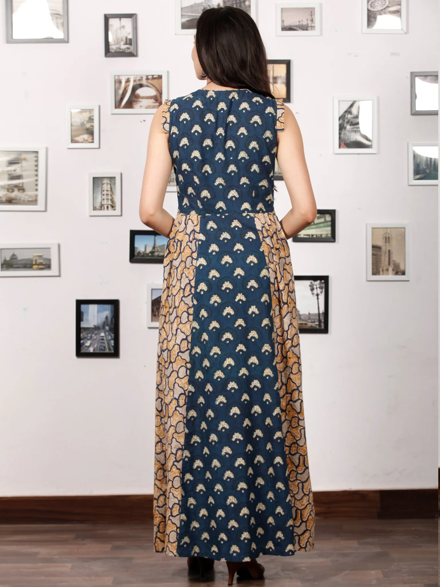 INDIGO SPREAD - Hand Block Printed Cotton Long Sleeveless Dress - D320F1362