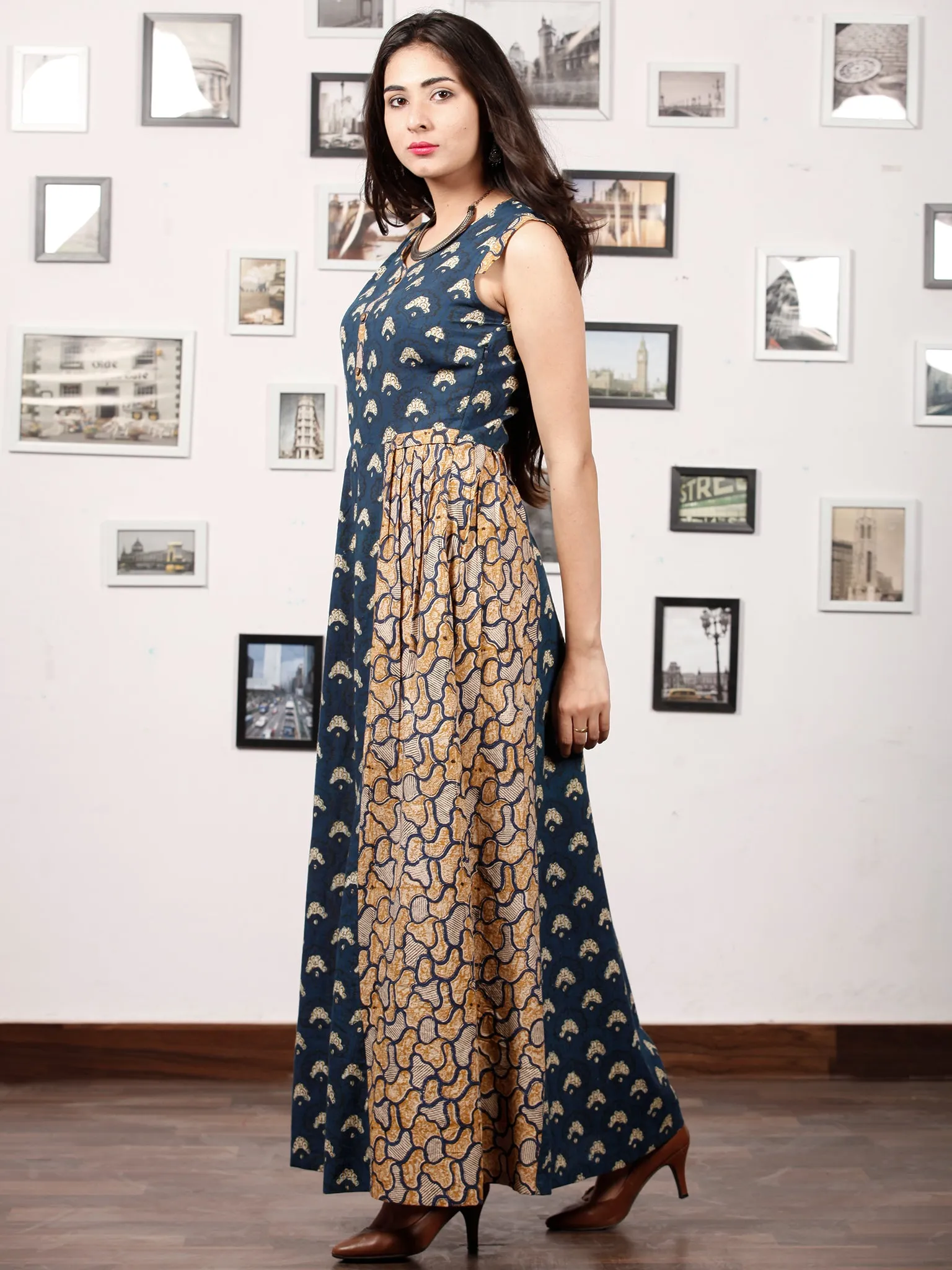 INDIGO SPREAD - Hand Block Printed Cotton Long Sleeveless Dress - D320F1362