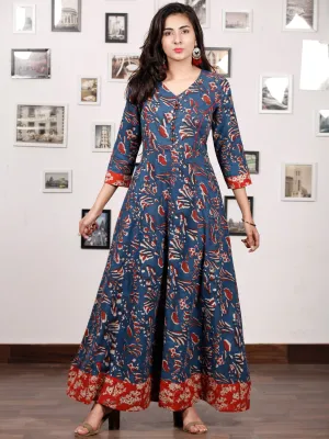 INDIGO SYMPHONY - Hand Block Printed Cotton Long Dress With Back Knots - D162F1333