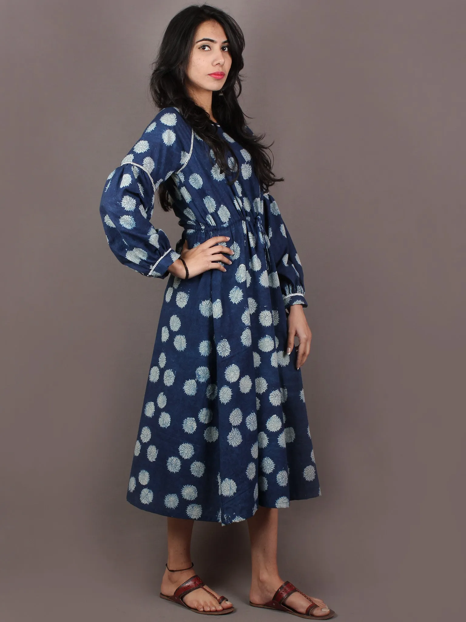 Indigo White Hand Block Printed Kalamkari Cotton Long Dress With Tie Up Waist - D1244901