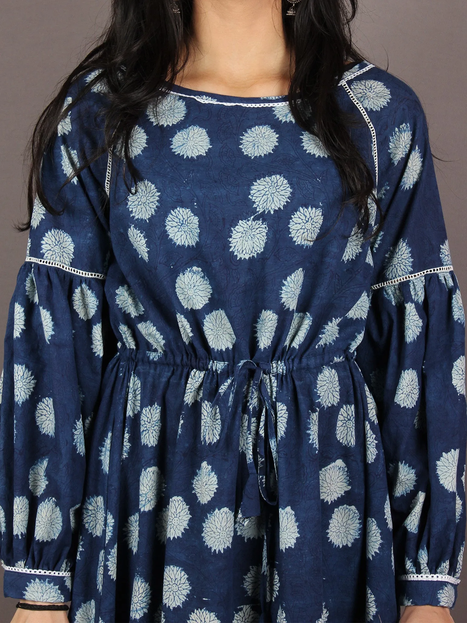 Indigo White Hand Block Printed Kalamkari Cotton Long Dress With Tie Up Waist - D1244901