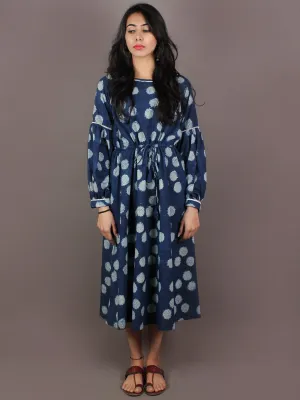 Indigo White Hand Block Printed Kalamkari Cotton Long Dress With Tie Up Waist - D1244901