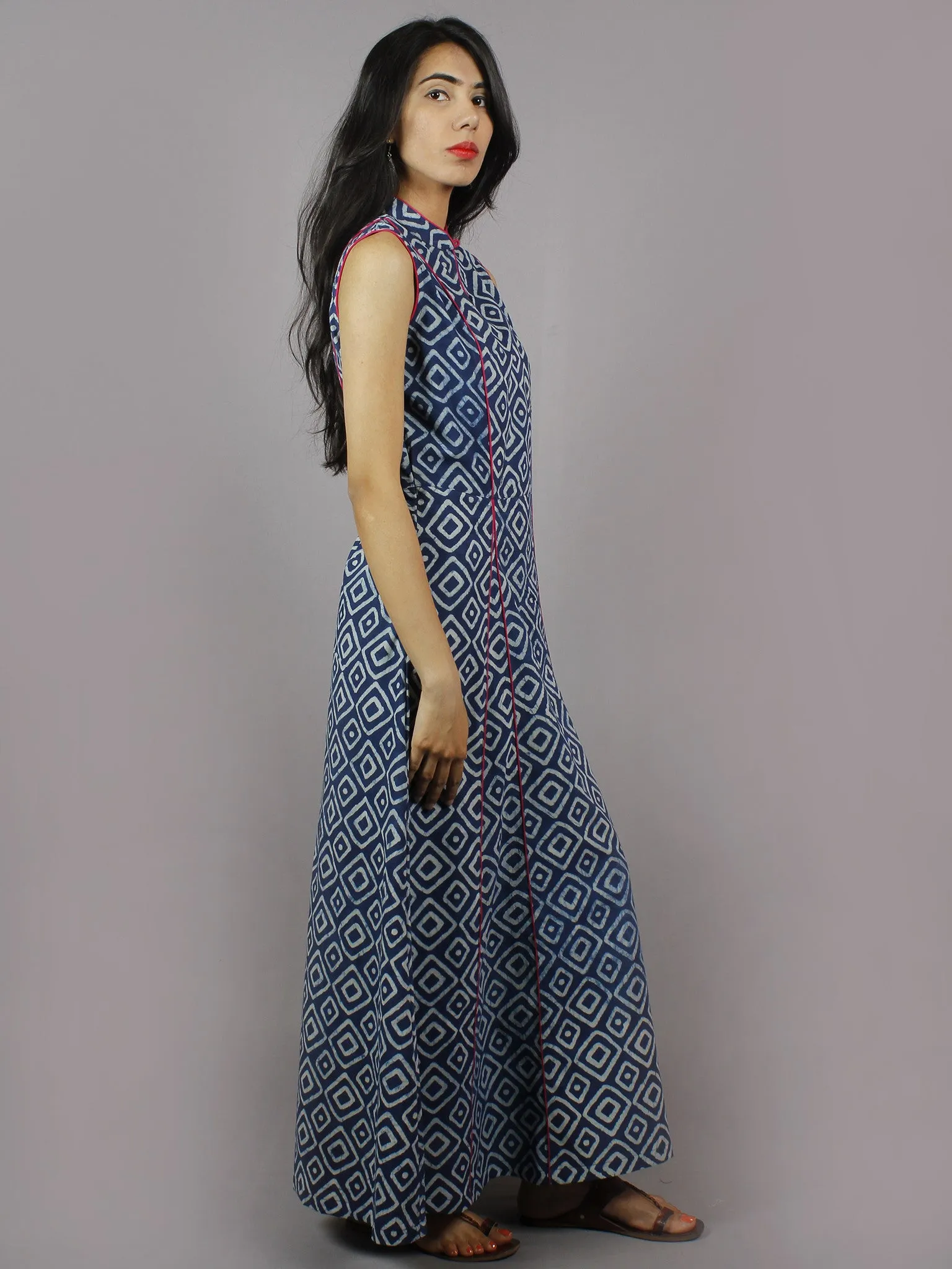 Indigo White Hand Block Printed Princess Line Stand Collar Dress - D40F893