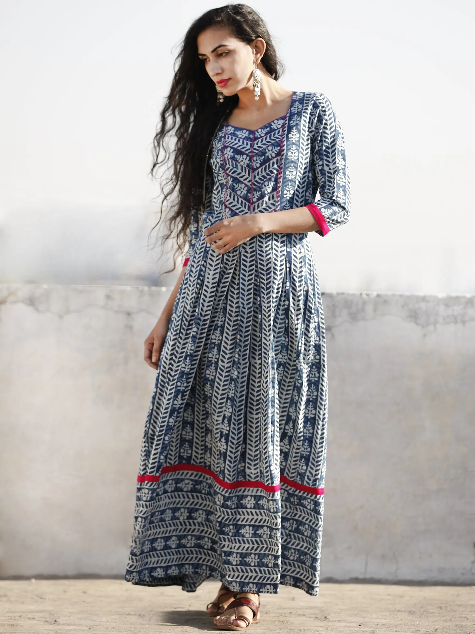 Indigo White Magenta Hand Blocked Cotton Long Dress With Thread Work  - D209F1066