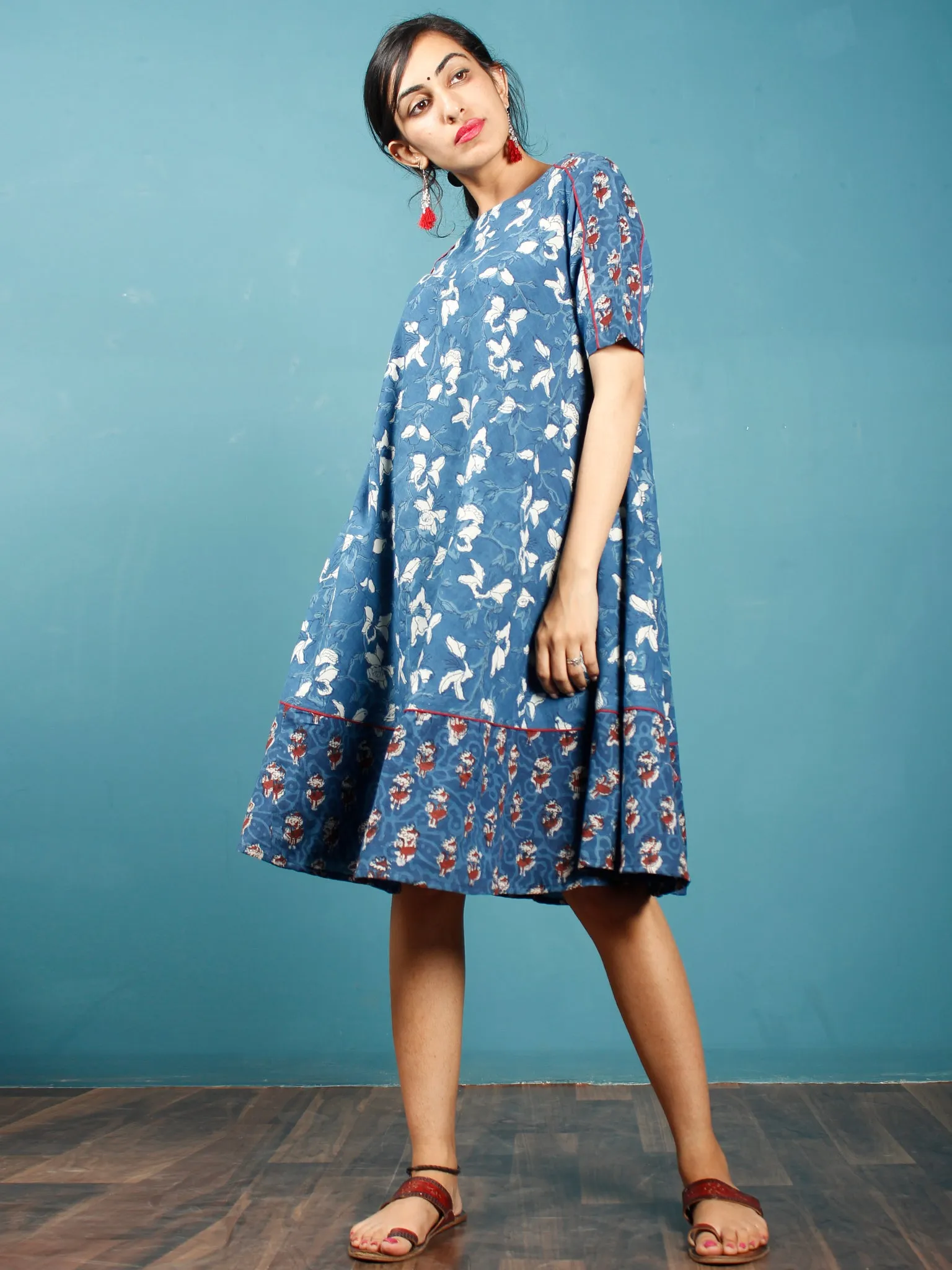 Indigo White Rust Hand Block Printed Cotton Short Dress  - D266F1348