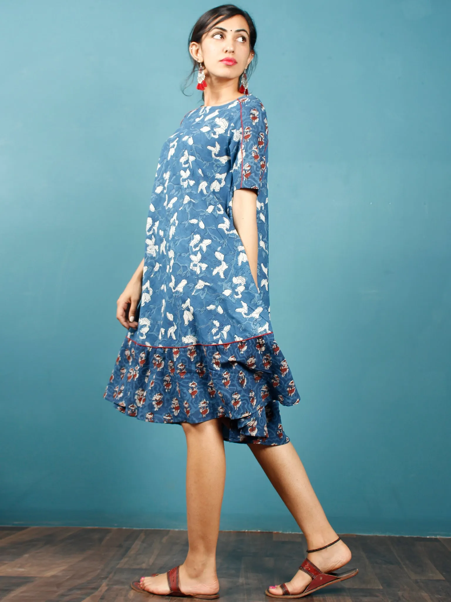 Indigo White Rust Hand Block Printed Cotton Short Dress  - D266F1348