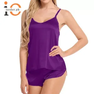 Indigo Women Sexy Satin Pajamas Sets Short Sling Top with Cami Shorts