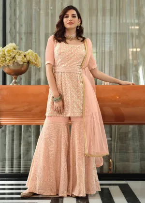 Indo Western Peach Georgette Festive Party Gharara Suit