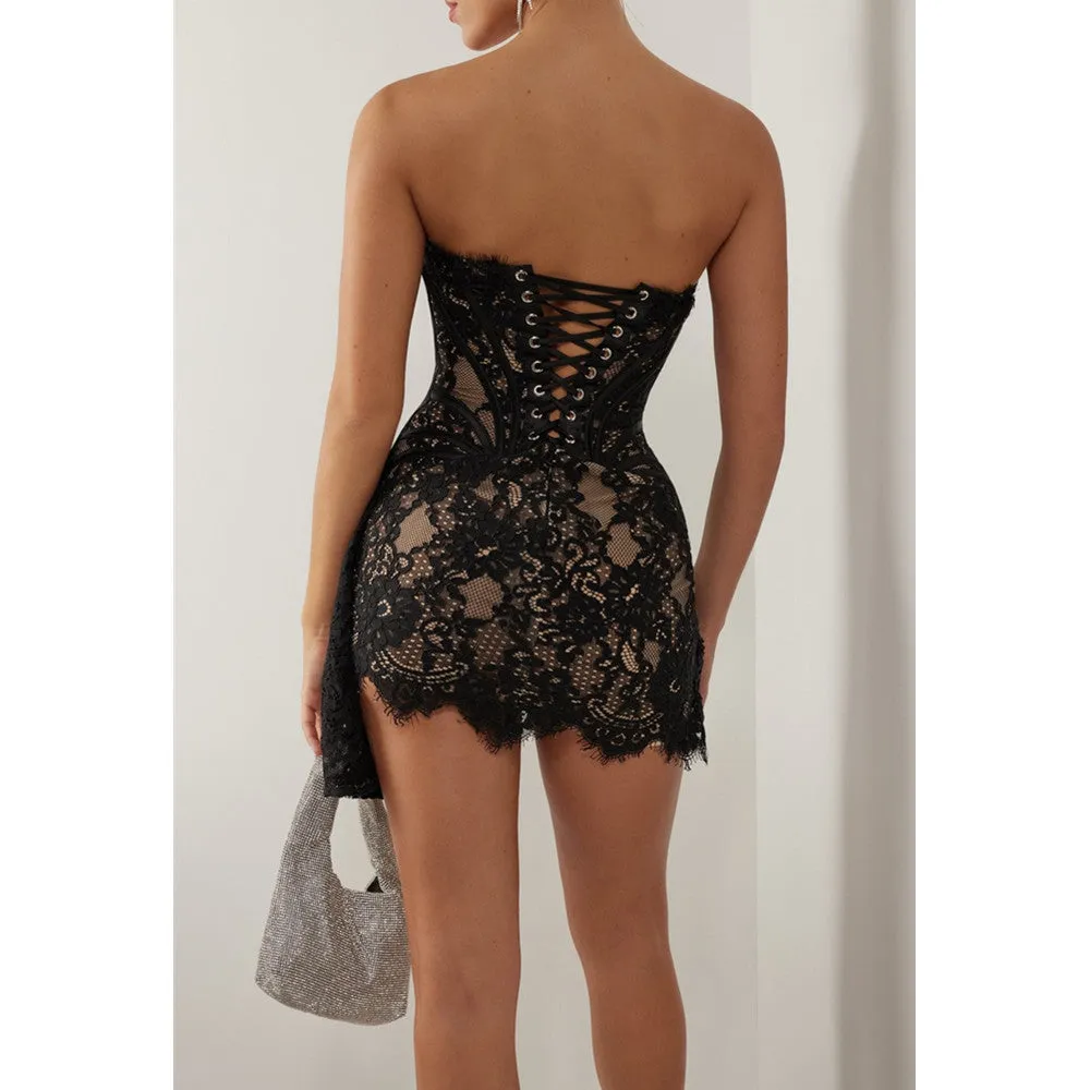 Indra Corset Lace Mini Dress in Black