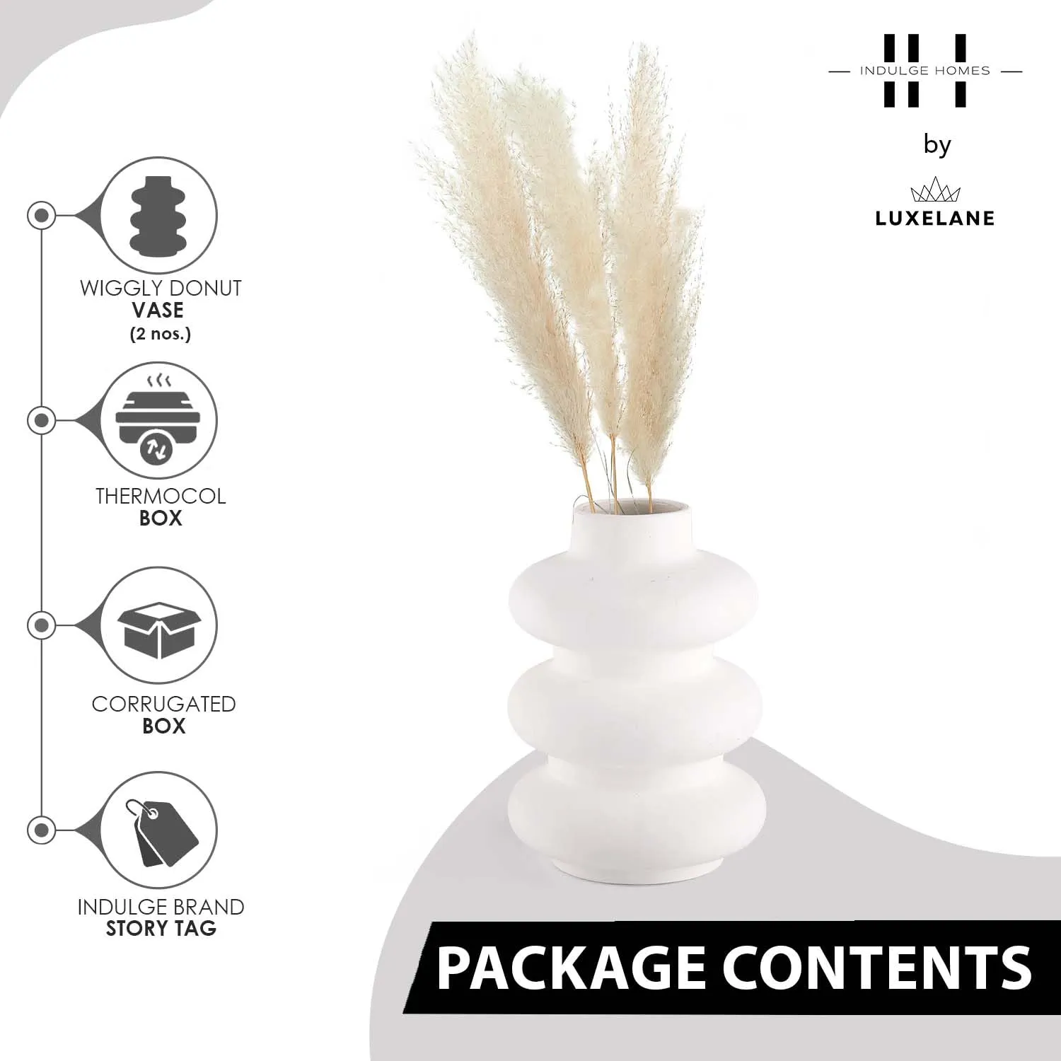 Indulge Home Ceramic White 'Triple Ring' Vase 7 Inch - Set of 2 | Decorative Triple Ring Vase for Dried Flowers and Pampas Grass | Vases for Home Decor, Living Room, Office Decor Ideas