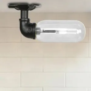 Industrial Black Ceiling Mounted Fixture - Oval Clear Glass Shade, Semi Flush Mount with Pipe Design