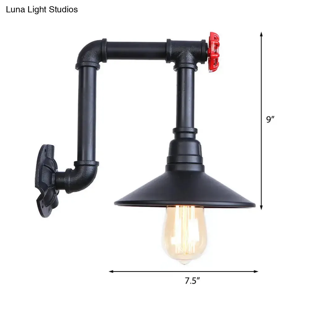 Industrial Black Cone Wall Sconce with Pipe Design and Iron Finish