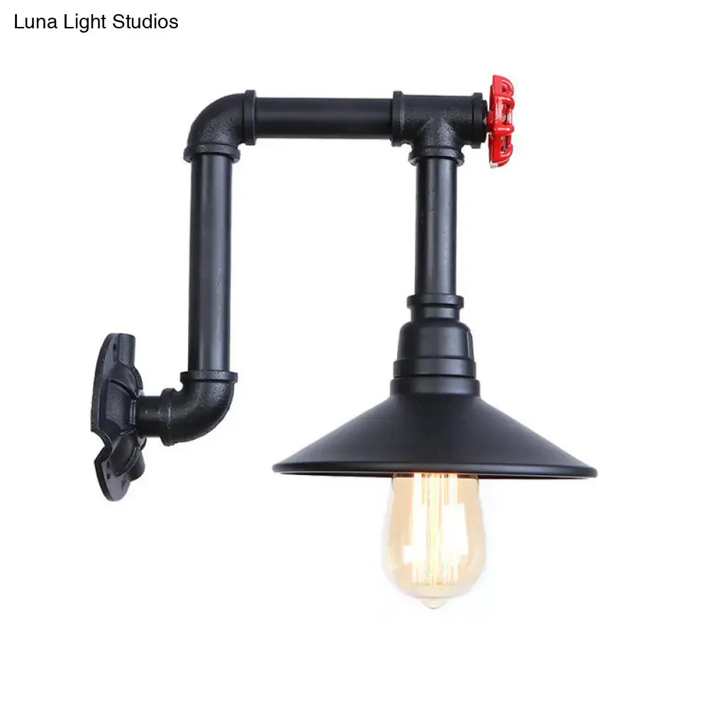 Industrial Black Cone Wall Sconce with Pipe Design and Iron Finish