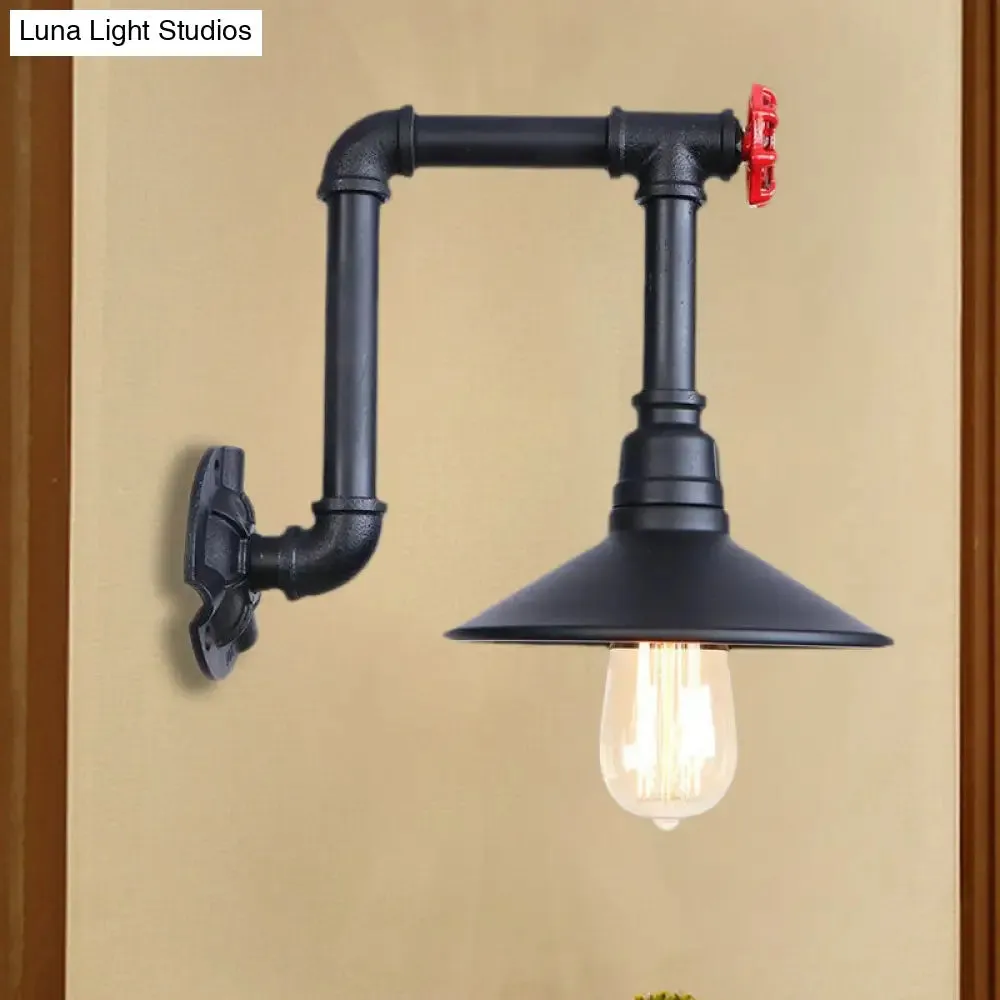 Industrial Black Cone Wall Sconce with Pipe Design and Iron Finish