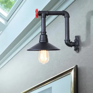 Industrial Black Cone Wall Sconce with Pipe Design and Iron Finish