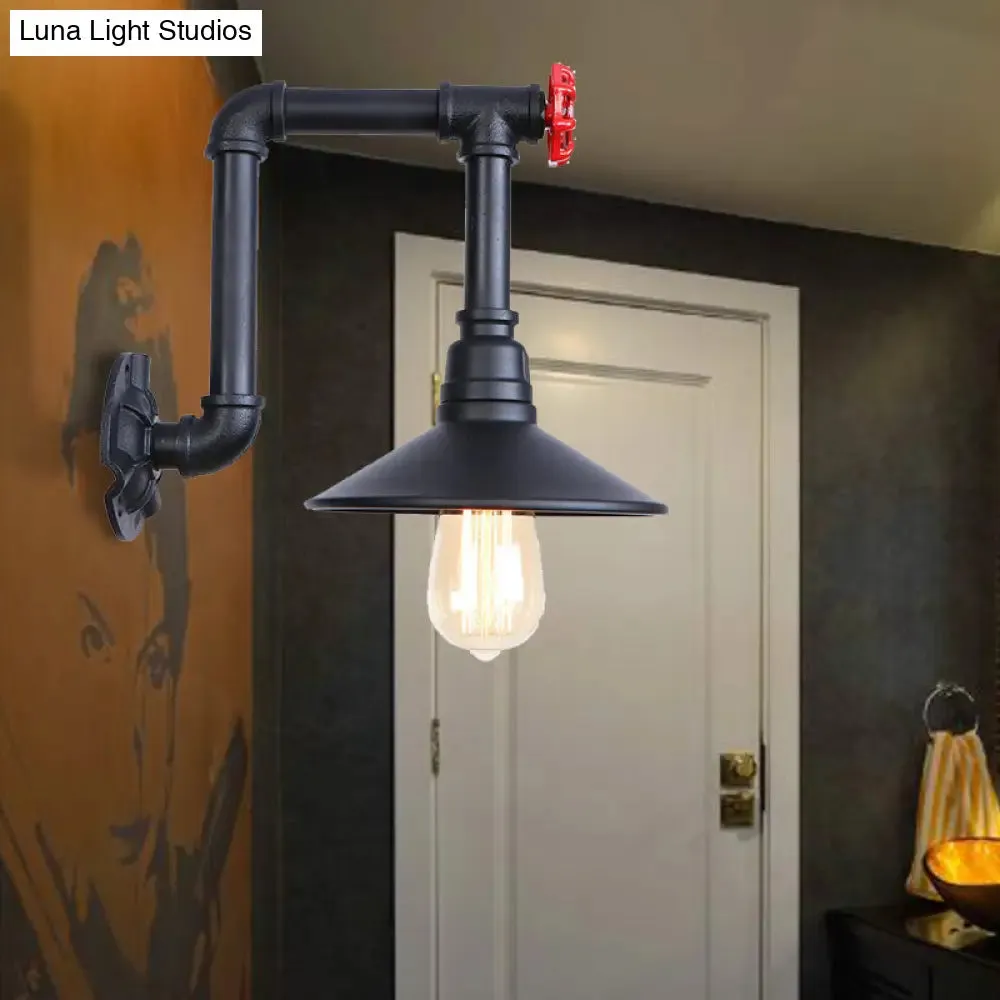 Industrial Black Cone Wall Sconce with Pipe Design and Iron Finish