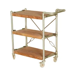 Industrial Mango Wood & Iron 3-Tier Rolling Tea Cart w Handle