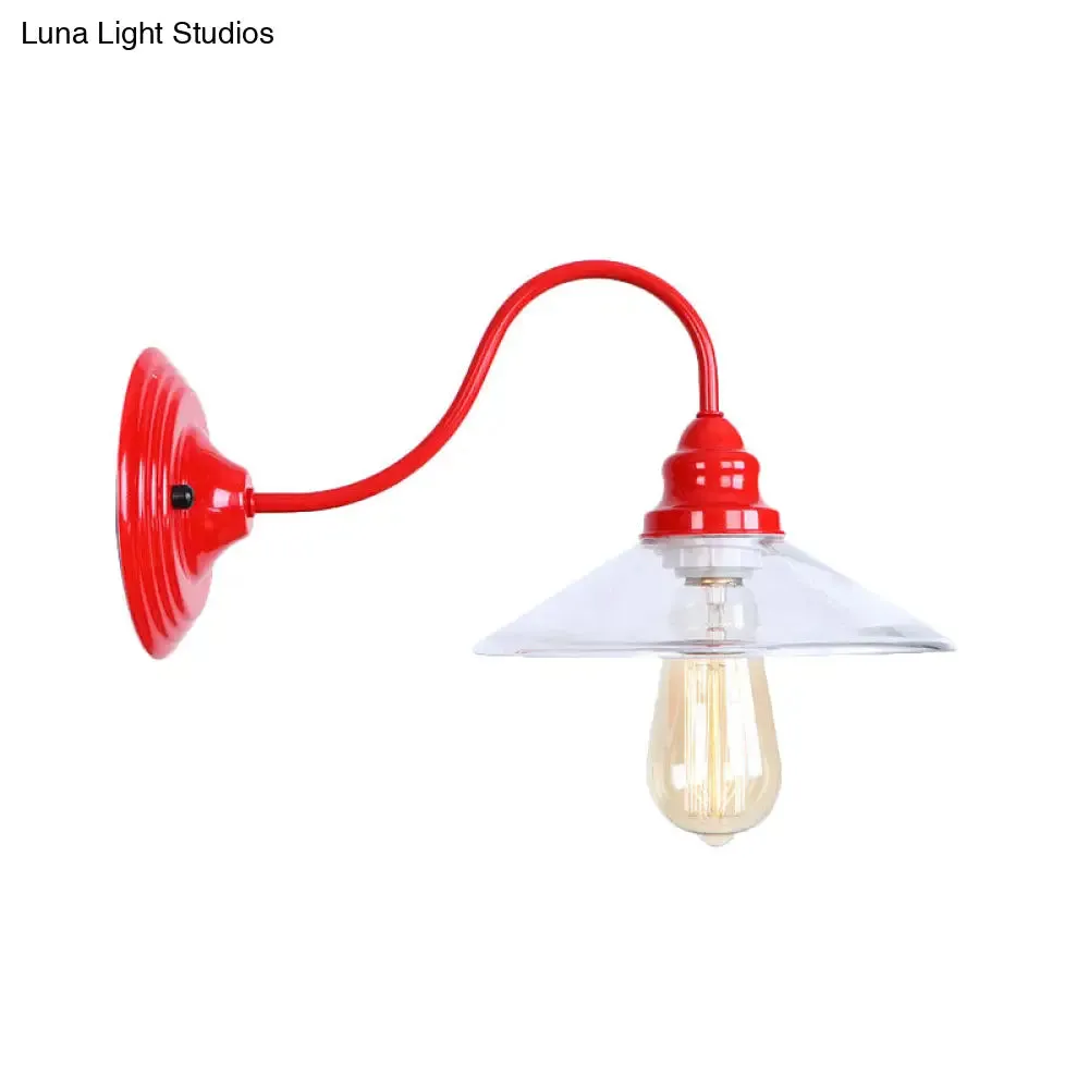 Industrial Red Clear Glass Wall Mounted Light with Wide Flare Bulb and Curved Arm