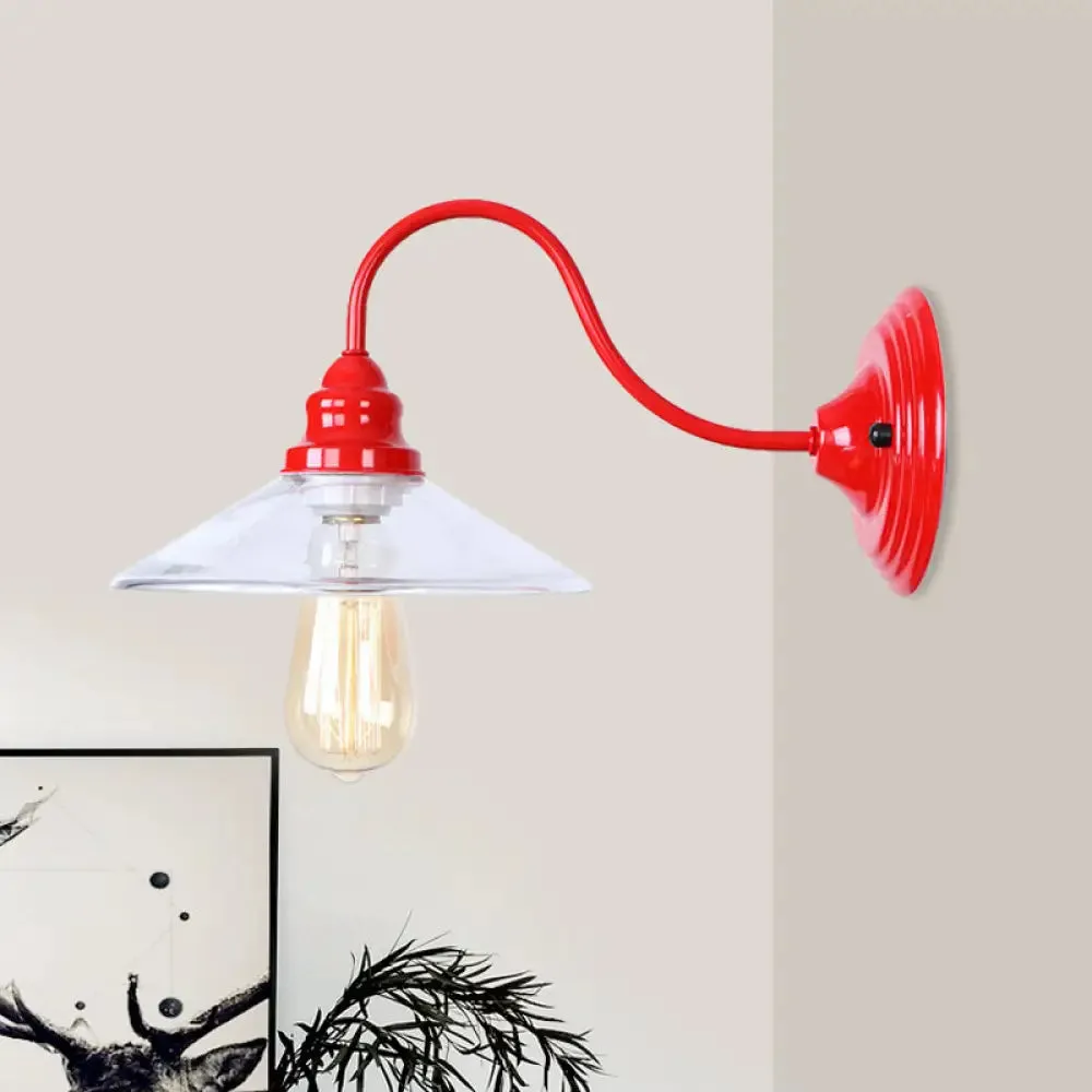 Industrial Red Clear Glass Wall Mounted Light with Wide Flare Bulb and Curved Arm