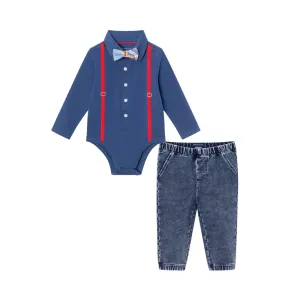 Infant 2-piece Suspender Shirtzie® & Faux Denim Terry Pant Set | Navy