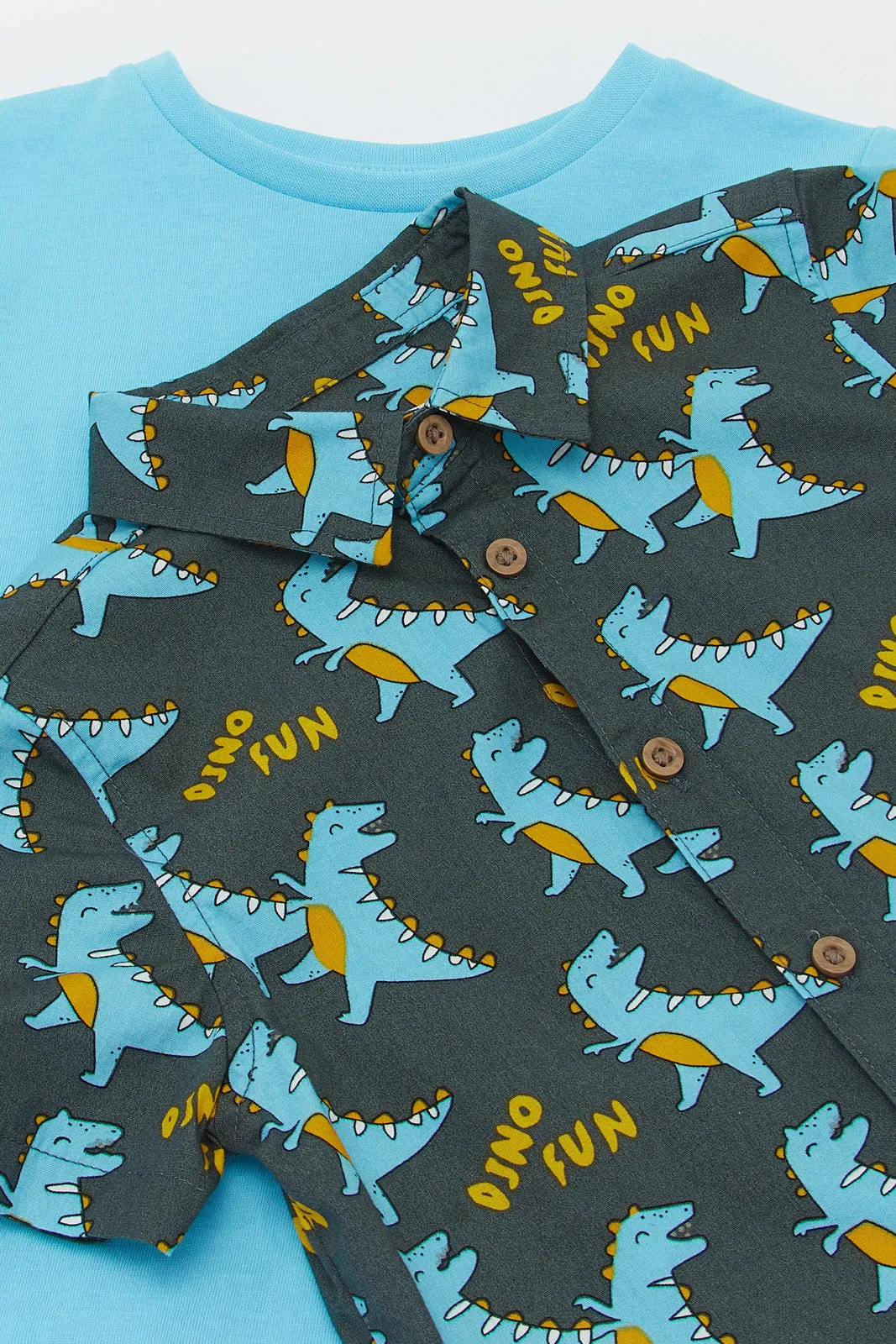 Infant Boys Blue And Navy Dino Print Shirt Set (Pack of 2)