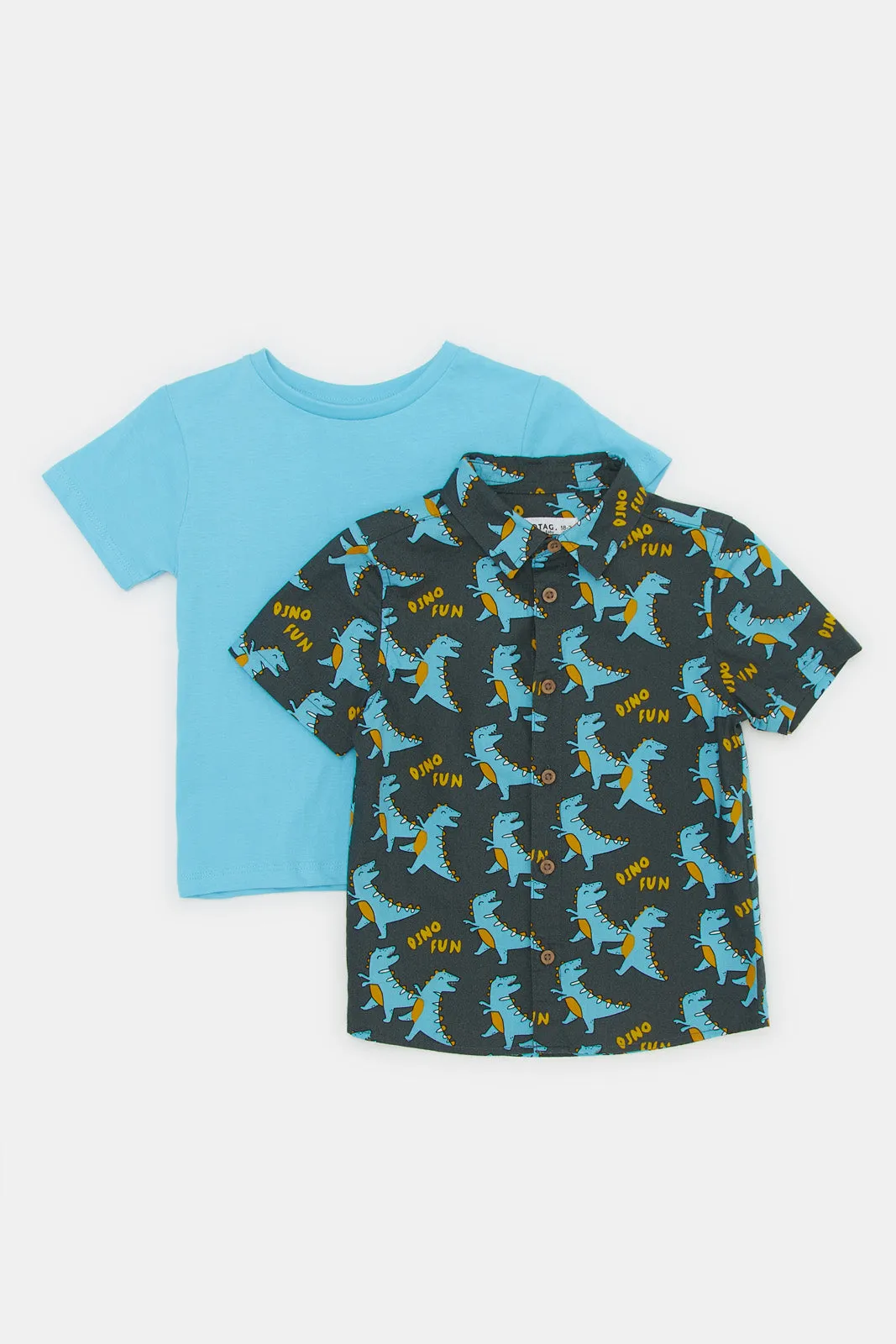 Infant Boys Blue And Navy Dino Print Shirt Set (Pack of 2)