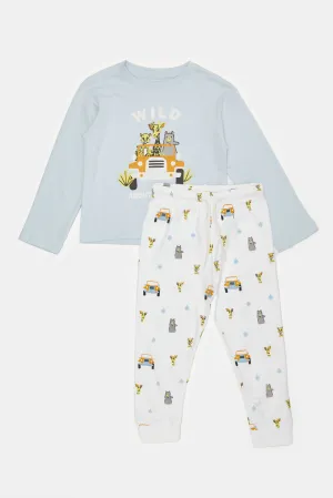 Infant Boys Blue And White Printed Pyjama Set (2 Piece)