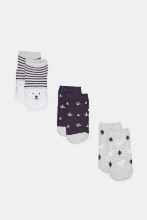 Infant Boys Grey And Black Bear Print Ankle Socks (Pack of 3)