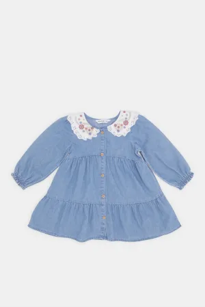 Infant Girls Blue Embroidered Denim Dress