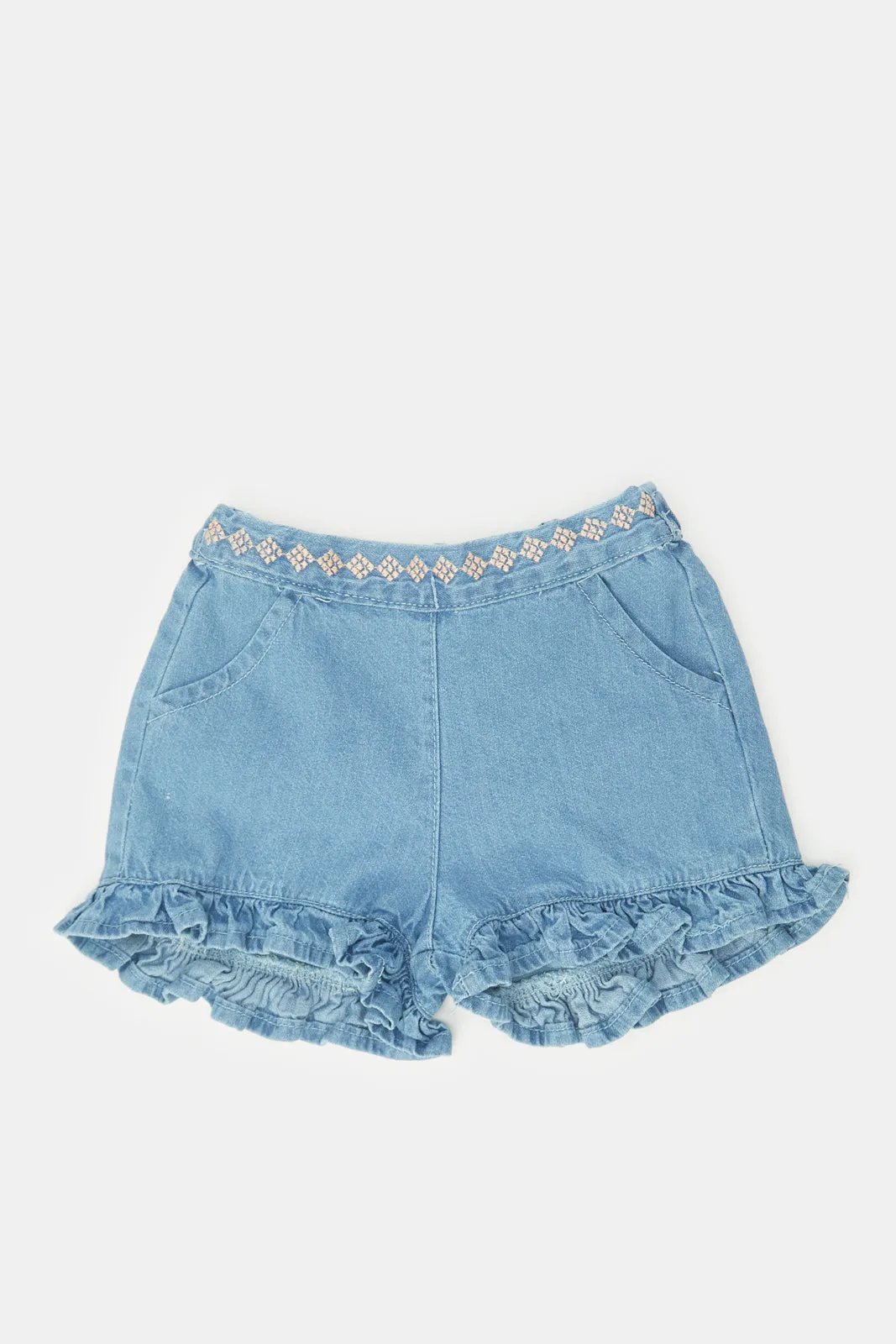 Infant Girls Blue Embroidered Shorts