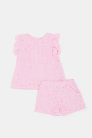 Infant Girls Pink All Over Embroidery Set (2 Piece)