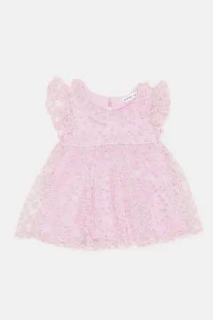 Infant Girls Pink All Over Flower Embroidery Dress