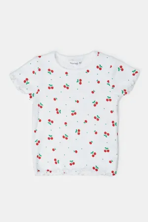 Infant Girls White Cherry All Over Print Rib T Shirt