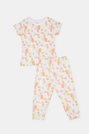 Infant Girls White Printed T-Shirt And Pants Pyjama Set (2 Piece)