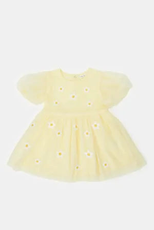 Infant Girls Yellow Embellished Puff Sleeves Dress