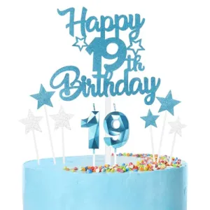 iNINGER 19th Happy Birthday Candles Cake Toppers,Blue Number 19 Candle for Cake,Cake Candles for 19th Birthday Decorations,Star Cake Toppers for Boys Girls Birthday Party 19th Wedding Anniversary