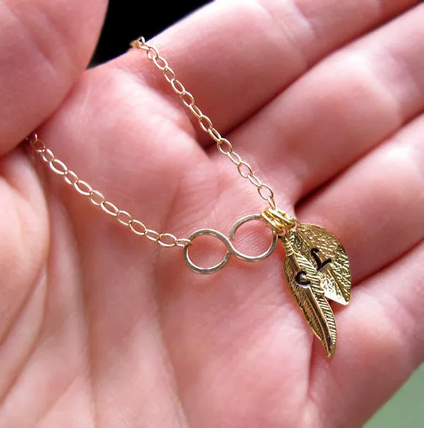 Initial Leaf and Feather Charm Gold Infinity Necklace