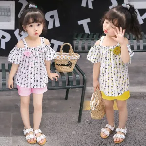 Ins explosive children''s Suit Girls Summer new Korean version of shoulder-bare leaf short sleeve jacket tidal shorts two sets