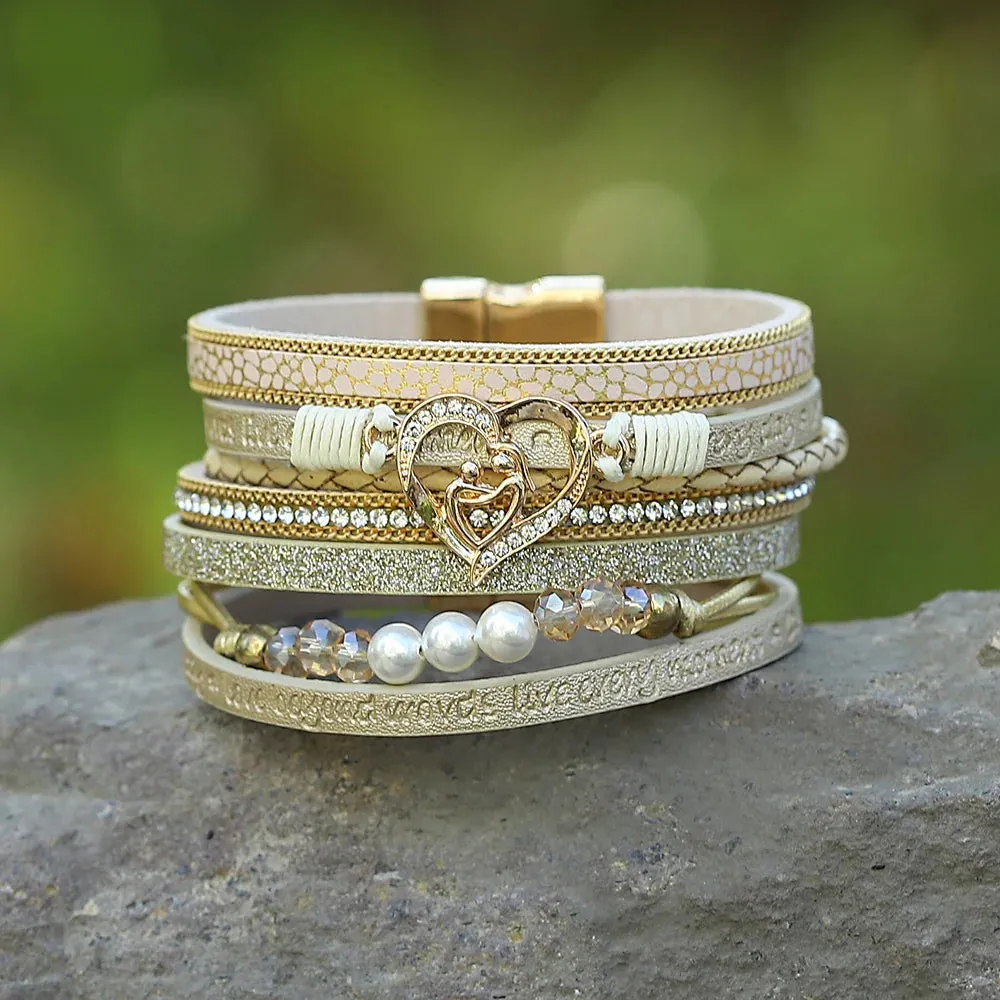 'Inspired Heart' Rhinestones and Beads Bracelet - gold