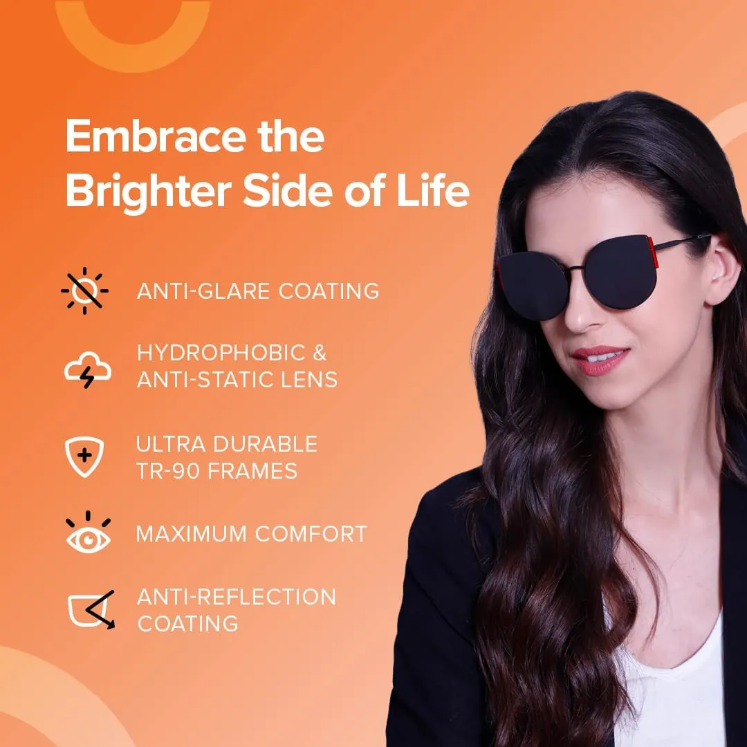 Intellilens | Branded Latest and Stylish Sunglasses | 100% UV Protected | Light Weight, Durable, Premium Looks | Men & Women | Black Lenses | Cateye | Medium