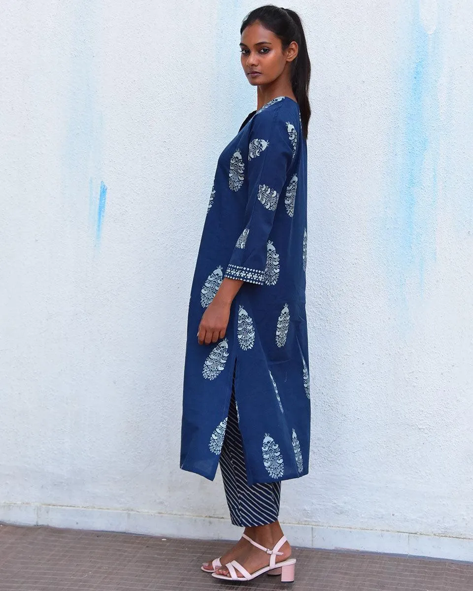 Into The Blue Handblockprinted Cotton Kurta Set - Hmbd