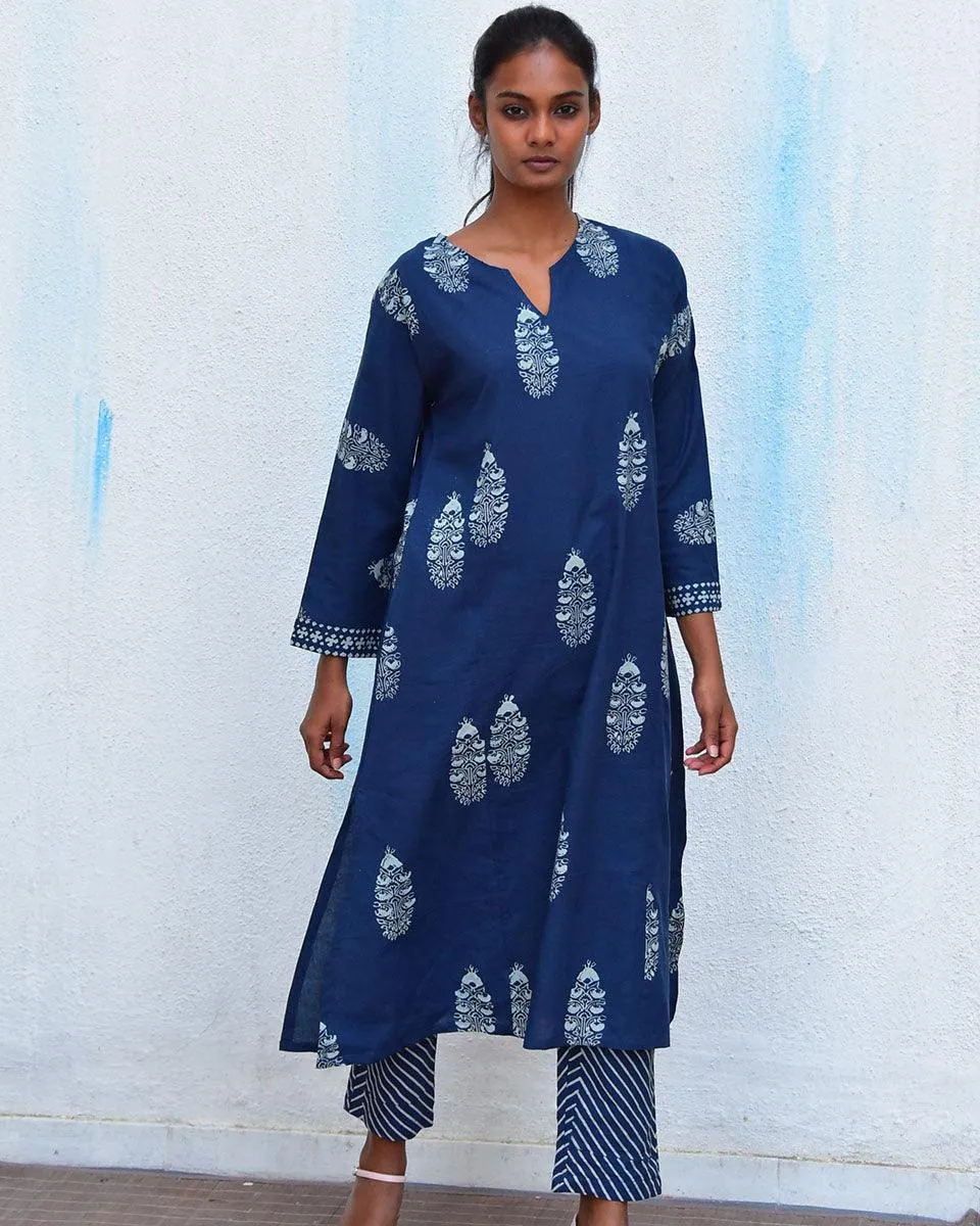 Into The Blue Handblockprinted Cotton Kurta Set - Hmbd