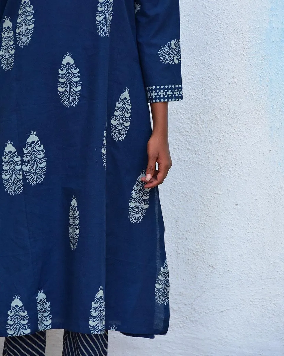 Into The Blue Handblockprinted Cotton Kurta Set - Hmbd