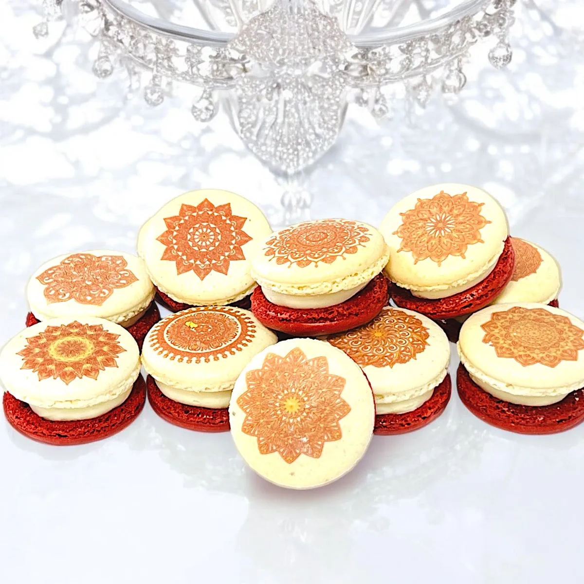 Intricate Red Mandala Macarons – Elegant and Unique French Treats