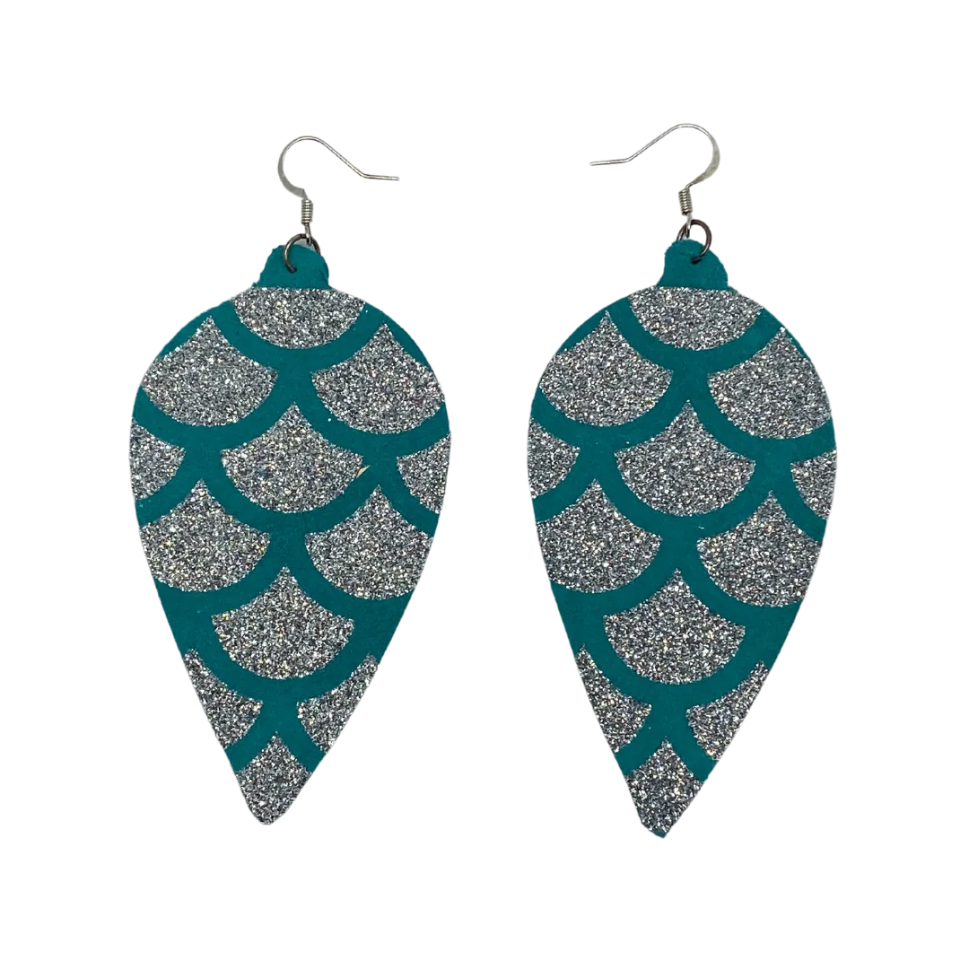 Inverted Drops Teal & Glitter Leather Earrings