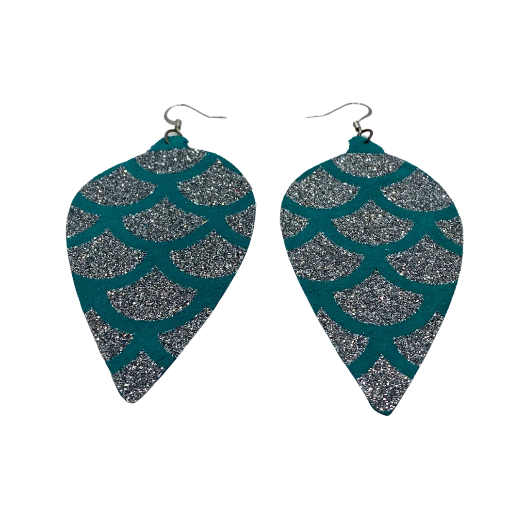 Inverted Drops Teal & Glitter Leather Earrings