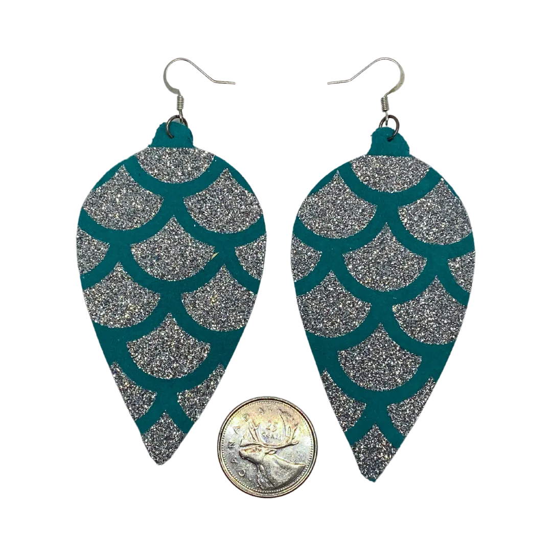 Inverted Drops Teal & Glitter Leather Earrings