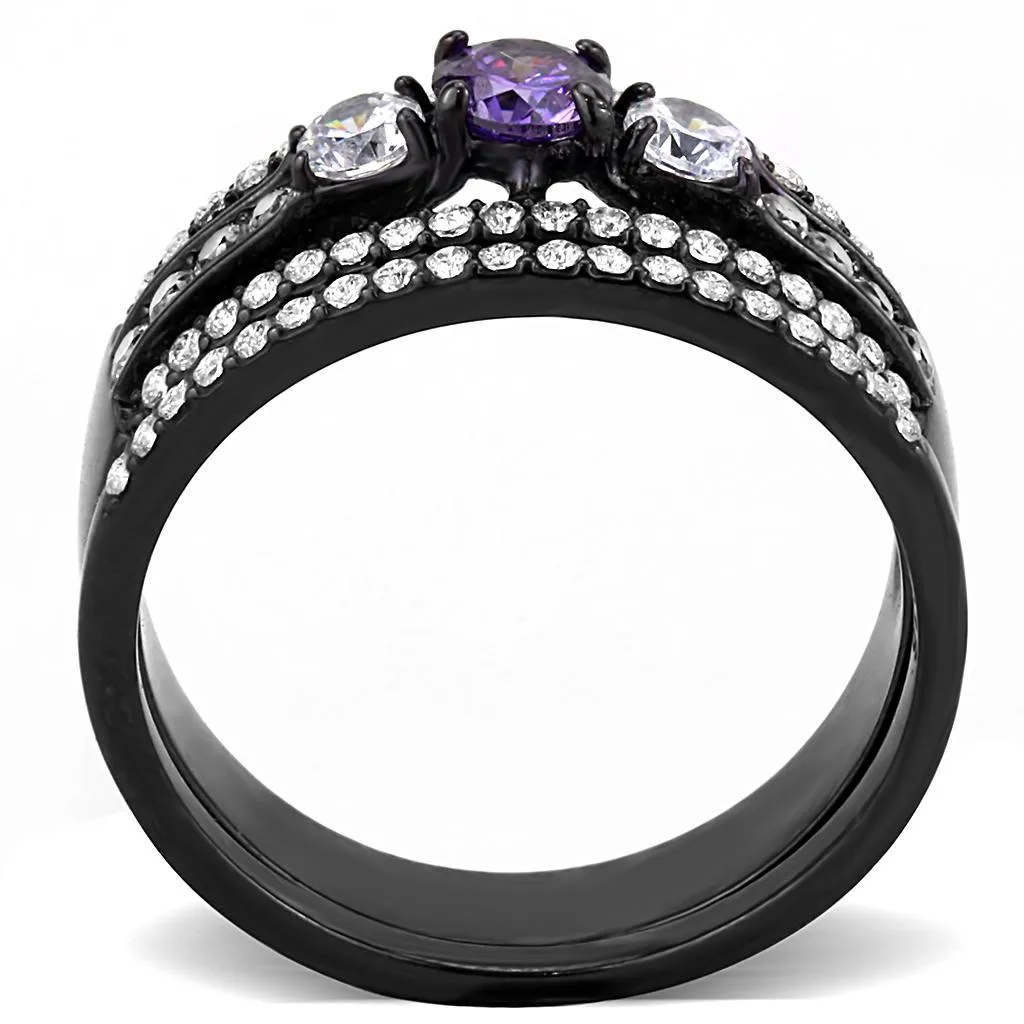 IP Black(Ion Plating) Stainless Steel Ring with AAA Grade CZ in Amethyst for Women Style DA001